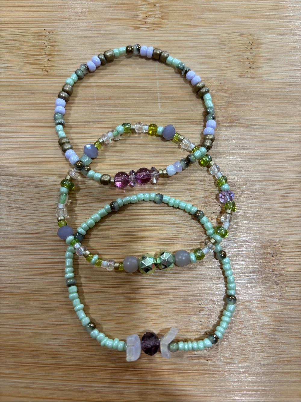 Hand Crafted Mint Green and Lavender Multi-Strand Beaded Bracelet Set